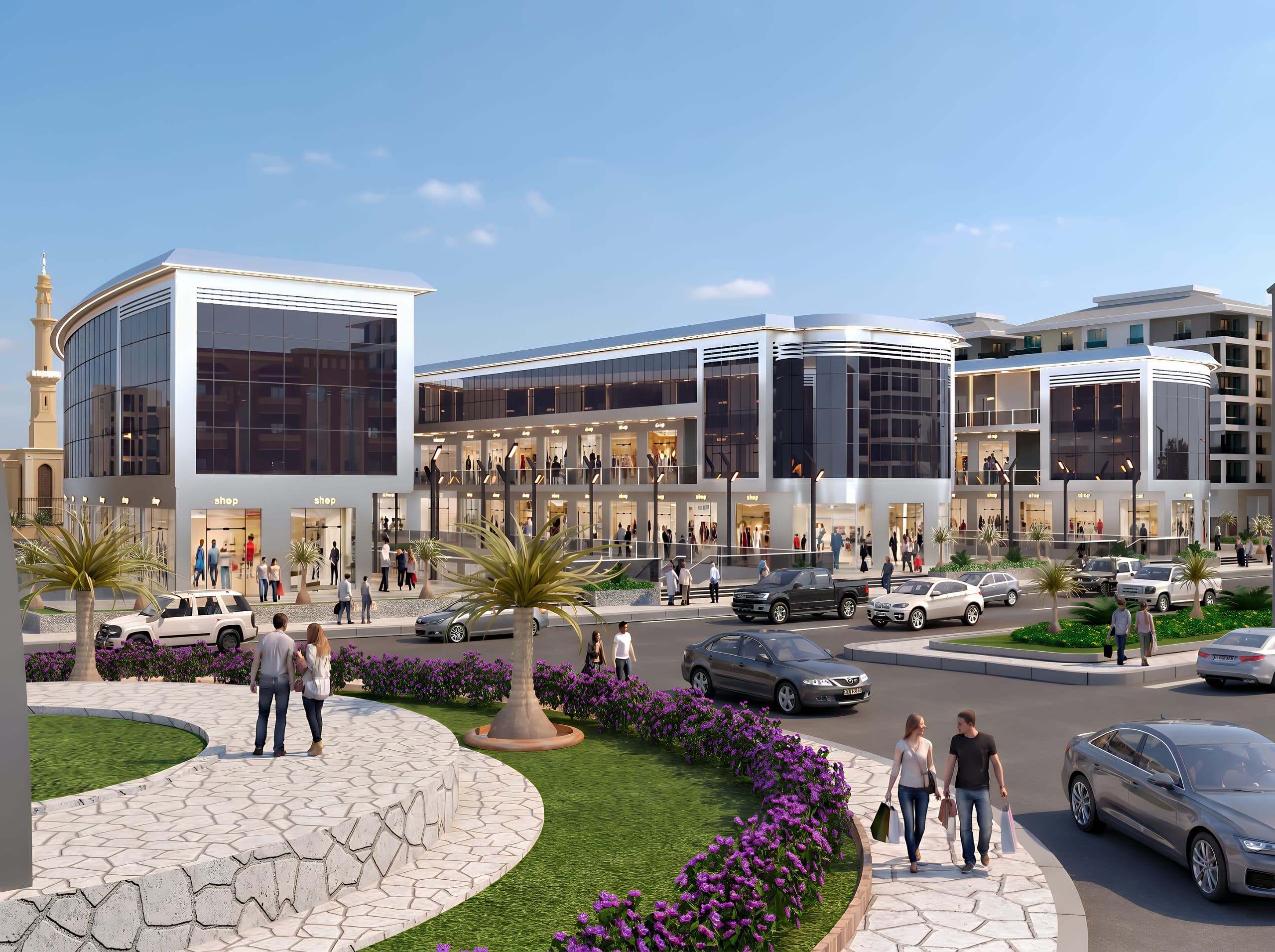 Visitors at Egypt Mall's landscaped plaza in Obour City
